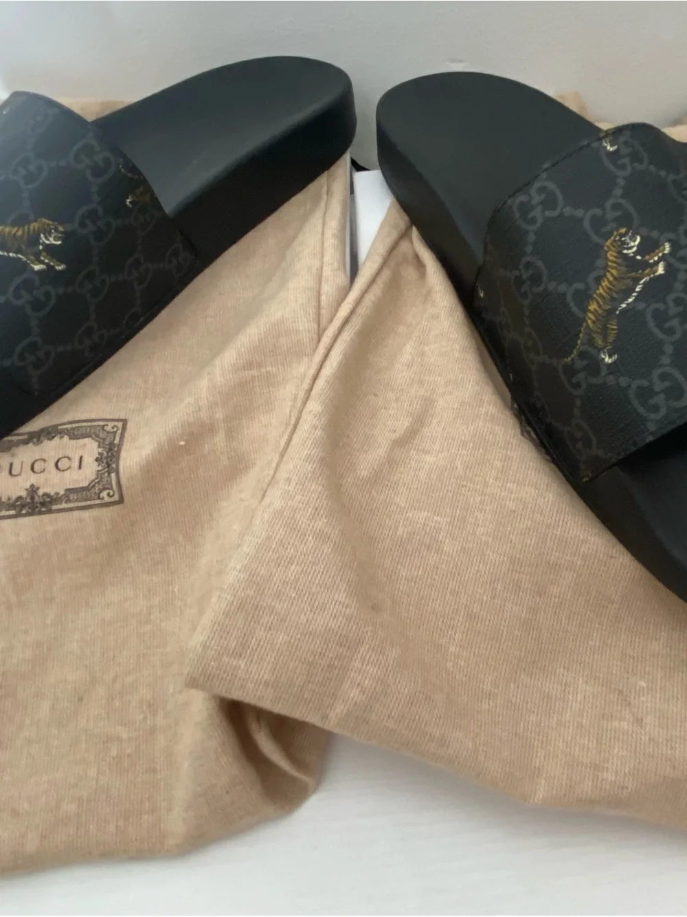 Authentic Gucci Black GG Monogram Men Slide Sandals with Embroidered Gold Tigers
